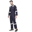FRENCH TERRAIN® Men's 100% Cotton FIRE Retardant Industrial Work WEAR Coverall Boiler Suit with Reflective Tape 245 GSM (L_Navy Blue)