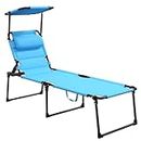 Outsunny Outdoor Lounge Chair, Adjustable Backrest Folding Chaise Lounge, Cushioned Tanning Chair w/Sunshade Roof & Pillow Headrest for Beach, Camping, Hiking, Light Blue