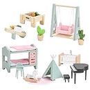 Dolls House Furniture, Wooden Dollhouse Furniture Set, Wooden and Plastic Furniture Set, Patio and Babyroom Set, 20 PCS Dollhouse Accessories Pretend Play Furniture Toys for Boys Girls & Toddlers