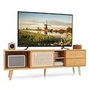 Giantex Bamboo TV Stand for 55 60 65 Inch TV, PE Rattan Entertainment Center with Sliding Doors, Drawers, Open Shelves, 5 Solid Wood Legs, 2 Cable Holes, TV Console Table for Living Room, Bedroom