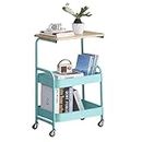 3-Tier Rolling Cart with Wooden Tabletop, Metal Utility Storage Cart with Wheels, Multifunctional Movable Serving Cart, for Office, Book Organizer for Classroom, Home, Bedroom (Blue)