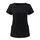 PJQQ Scrub Tops for Women, Two Pocket Sporty Quick-Dry Stretch V-Neck Workwear, Anti-Wrinkle Medical Scrubs for Women Mock Wrap Top, Black, S