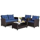 DORTALA 4 Piece Wicker Patio Furniture Set, PE Rattan Outdoor Conversation Sets with Loveseat, Chairs & Coffee Table for Backyard, Porch, Garden and Poolside, Navy