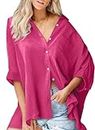 Astylish Womens Oversized Button Down Shirts 3/4 Sleeve Blouse Shirt with Pockets Cotton Cover Ups Shirts Casual Beach Tunic Red