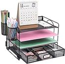 4-Trays Desktop File Organizer, Mesh Office Desk Supplies Organizer Dokument Brieffachhalter mit Schublade für Office Home (2 Stifthalter)