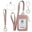 bolimoss Id Badge Holder with Neck Lanyard Pu Leather Wallet,Pink Lanyard with Id Holders,Wristlet & Long Lanyard, 1 Clear Window, 4 Credit Card Slots, Phone Holder, Ring Keychain,Zipper Pouch