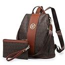MKP COLLECTION Women's Lightweight Multi Zipper Pocket Signature College School Anti-Theft Rucksack Shoulder Bag Handbag/Backpack w/Wristlet Wallet Set (Beige)