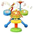 Costzon 2-in-1 Kids Electronic Musical Toy Drum Set, with Microphone and Chair, Spanish & English Bilingual Electronic Jazz Drum Set, Suitable for Kids, Babies (Multicolor)