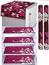 ISHKUNJ PVC Printed Referigerator Cover Set for Home - 1 Fridge Top Cover with 6 Pockets 4 Placemats and 2 Handle Cover - Waterproof Kitchen Appliance Covers Combo for Protection (Pink Flower)