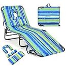 Giantex Tanning Chair, 350lbs Adjustable Patio Lounge Chair w/Face Hole, Removable Pillows, Carry Strap, Layout Chair, Folding Beach Chair, Outdoor Chaise Lounge for Poolside Lawn (1, Stripe)
