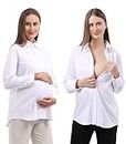 Maternity Button Down Shirt Long Sleeve Formal Blouse for Work Pregnant Dress Top White