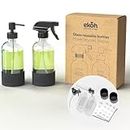 EKOH Glass Spray Bottle & Pump Dispenser Set - 500ml Refillable Containers for Oils, Cleaning Products, Soap, Misting Plants, Cooking + Labels + Silicone Protective Sleeve (Clear Glass Bottles 2 Pack)