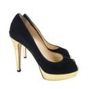 Ballin Open Toe Heels Womens Size 40/9.5 Black Gold Pumps Stilettos Shoes Suede