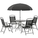 Outsunny 6 Pieces Patio Dining Set with Umbrella, Outdoor Furniture Set with Round Table and 4 Folding Chairs for Garden, Lawn, Deck, Black