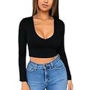 SamHeng Long Sleeve Crop Tops for Women Stretchy T-Shirt Ladies Short Plain Scoop Neck Top Sexy Slim Fit Casual Wear Black-L