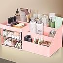 Makeup Organizer, Cosmetic Desk Storage Box with Drawers Skincare Organizers for Dressing Table, Countertop, Bathroom Counter, Vanity Holder for Brushes, Lotions, Lipstick, Perfume (Pink-Clear)