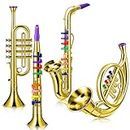 Treela Set of 4 Musical Instruments Toy Clarinet, Toy Saxophone, Toy Trumpet and Toy Horn for Beginners 4 Wind and Brass Musical Instruments Combo with Over 10 Color Keys Coded for Boys Girls (Gold)