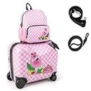 BABY JOY 2 PCS Kid Luggage Set W/Spinner Wheels, 18" Ride-on & Carry-on & Sit-on Suitcase & 12" Backpack Set W/Lanyard for Pull & Prevent Loss, Carry Strap, Travel Rolling Luggage (Flamingo)