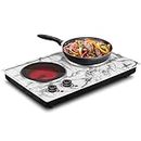 Hot Plate, CUSIMAX Double Burner Electric Hot Plate for Cooking, 1800W Dual Control Portable Electric Stove Countertop Electric Burner Infrared Electric Cooktop, Stainless Steel White Marble
