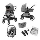 Maxi-Cosi Zelia S Trio 3-in-1 Prams Travel System, 0 - 4 Years, Up to 22 kg, Foldable, Compact and Reclining Baby Pushchair, with CabrioFix S i-Size Baby Car Seat, Accessories, Nursery Bag, Grey