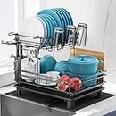 romision Dish Drying Rack for Kitchen Counter, Stainless Steel 2-Tier Dish Drainers Racks with Utensils Holder, Wine Glasses Holder, Large Capacity Dish Strainers with Extra Drying Mat (Black)