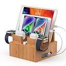 Bamboo Charging Station Organizer for Multiple Devices, Desktop Docking Station Compatible with Phone, Tablet, Earbuds, Smartwatch, (Included 2 Watch & Earbuds Stand, 6 Cables, NO Charger HUB)
