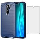 Asuwish Phone Case for Xiaomi Redmi Note 8 Pro with Tempered Glass Screen Protector Cover and Cell Accessories Soft TPU Silicone Slim Thin Protective Redme Note8 8pro Women Men Carbon Fiber Navy Blue