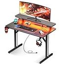 Small Gaming Desk with LED Lights & Power Outlets, 31 Inch Computer Desk Gaming Table with Monitor Shelf, Gamer Desk with Carbon Fiber Texture, Boys Desk Gift for Men