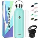 Sfee Insulated Water Bottle with Straw Lids, 25oz Stainless Steel Water Bottles Double Wall Vacuum Metal Water Bottle Kids Leakproof Sport Water Bottle for Outdoor, Fitness, Gym+Cleaning Brush(Mint)