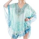 Belle Dame Women’s Digital Print Chiffon Batwing Caftan Poncho Tunic Loose Top Blouse Beach Cover Up with Crystal Beads (CL410)