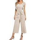 2023 Summer Women's Layered Ruffle Cap Sleeve Notched V Neck Belted Jumpsuit Pants Loose Fitted Romper with Pocket, Beige, X-Large