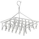 FXDM Metal Sock Hanger, Stainless Steel Drying Rack with 40pcs Pegs and Swivel Hook, Windproof Laundry Metal Square Hanger for Socks, Underwear