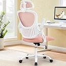 Sweetcrispy Office Computer Desk Chair, Ergonomic High-Back Mesh Rolling Work Chairs with Wheels and Adjustable Headrests, Comfortable Lumbar Support, Comfy Flip-up Arms for Home, Bedroom, Study, Pink