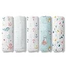 haus & kinder Nautical Collection 100% Cotton Muslin Baby Swaddles Wrap for Newborn Baby, Size 100Cm X 100Cm, Pack of 5 (Anchor, Dots, Ocean, Elephant, Spacewalk), Multi-Colour