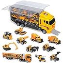 Joyfia 11 in 1 Die-cast Construction Truck Vehicle, Toy Car Play Vehicles Set in Carrier Truck, Construction Toys for 3+ Years Old Boys Girls Kids