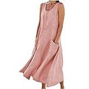 SMIDOW Cotton Dresses for Women Casual Summer 2024 Solid Beach Flowy Tshirt Sundress Sleeveless Tank Long Dress with Pockets, #03 Pink, 4X-Large