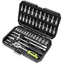 OTLOOMTBT 46 Pieces 1/4 Inch Drive Industrial Grade Socket Ratchet Wrench Set, with Bit Socket Set Metric and Extension Bar for Auto Repairing and Household, With Thickened Storage Case