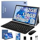 2023 Tablet, 10 Inch Android 13 Tablets with Keyboard, 12GB RAM 128GB ROM 512GB Expand, Octa-Core, 5G/2.4G WiFi, HD 1280 x 800 IPS Display, 8000mAh Tablet PC with Mouse GPS Split Screen Support -Blue