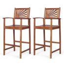 Set of 2 Outdoor Stool Height Bar Acacia Wood Armchairs With Sunflower Backrests