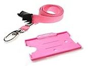 Pink ID Card Holder and Pink Lanyard Neck Strap with Lobster Metal Clip by Customcard ltd. Recyclable Holder and ECO Friendly Lanyard.