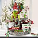 Grinch Christmas Tiered Tray Decor - 6 PCS Christmas Gnome Tiered Tray Decoration, Green Christmas Wood Signs Inspired Christmas New Year Holiday Decor -(Tray Not Included)