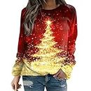 Sudadera básica con estampado de moda para mujer, cuello redondo, manga larga, árbol de Navidad, blusa elegante de Navidad, sudadera casual regular, rosso, XL