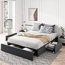 Allewie Full Size Platform Bed Frame with 3 Storage Drawers, Fabric Upholstered, Wooden Slats Support, No Box Spring Needed, Noise Free, Easy Assembly, Dark Grey