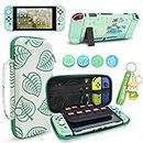 DLseego Carrying Case for Switch Accessories Bundle for Switch Console with Dockable Hard Cover Animal Crossing Shell and Thumb Grip Caps and Little Bear Charms-Green