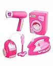 BUDBAK Household Play Set Home Appliances Toys for Kids, Girls Age 3-4-5-6 Year Old Battery Operated Includes Iron Box, Washing Machine, Vacuum Cleaner, Hair Dryer (Pink Color)