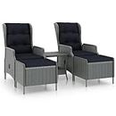 vidaXL 3-Piece Light Grey Garden Lounge Set - Poly Rattan Outdoor Furniture with Adjustable Recliners, Footstools & Tea Table