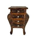 WOODHUT Floral Carved Handmade Bedside Table with 4 Drawers Home Decor Furniture for Living Room & Bedroom Glossy Finish (Natural)