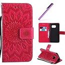 HMTECH Galaxy S6 Edge Case Sunflower Mandala Flower Embossing PU Leather Wallet Flip Bookstyle Magnetic Closure Card Slot Stand Function Cover for Samsung Galaxy S6 Edge,Mandala Flower:Red
