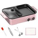 Mini Electric Griddle, Hot Pot and Griddles with Glass Lid, Portable Two Area Cooking for Single Person, Tabletop Tiny Cooking Space Saving