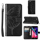Compatible for iPhone SE 2022 Case,iPhone 7/8 Wallet Case,iPhone SE 2020 Case,6/6S Case,[Kickstand][Wrist Strap][Card Holder Slots] Butterfly Floral Embossed Leather Flip Protective Cover (Black)